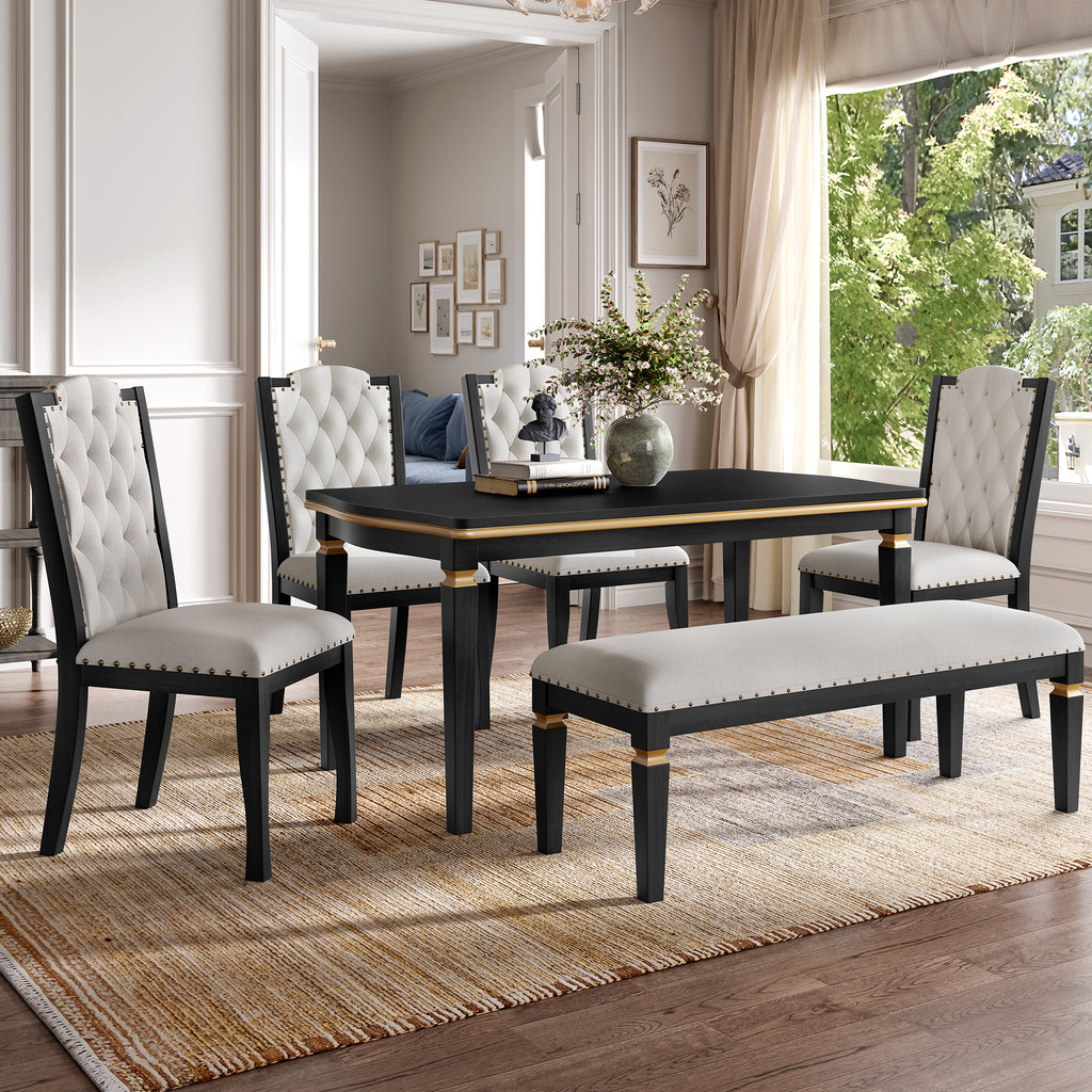 6-Piece Kitchen Dining Table Set, 60' Rectangular Table and 4 High-Back Tufted Chairs & 1 Bench for Dining Room and Kitchen (Black) (OLD SKU: N752S000080) Dining Table Set