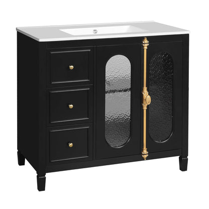 36-inch Bathroom Vanity with 2 Soft Close Doors, Solid Wood Frame Modern Bathroom Storage Cabinet with 3 Drawers