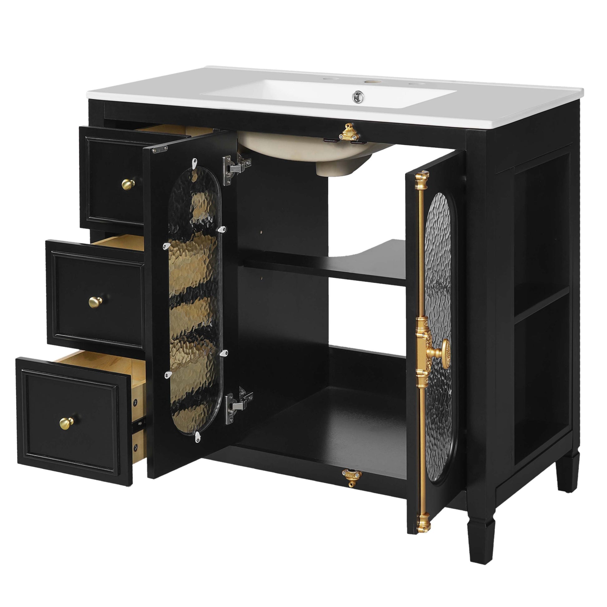 36-inch Bathroom Vanity with 2 Soft Close Doors, Solid Wood Frame Modern Bathroom Storage Cabinet with 3 Drawers