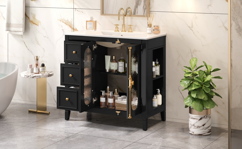 36-inch Bathroom Vanity with 2 Soft Close Doors, Solid Wood Frame Modern Bathroom Storage Cabinet with 3 Drawers
