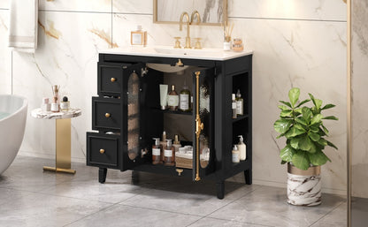 36-inch Bathroom Vanity with 2 Soft Close Doors, Solid Wood Frame Modern Bathroom Storage Cabinet with 3 Drawers