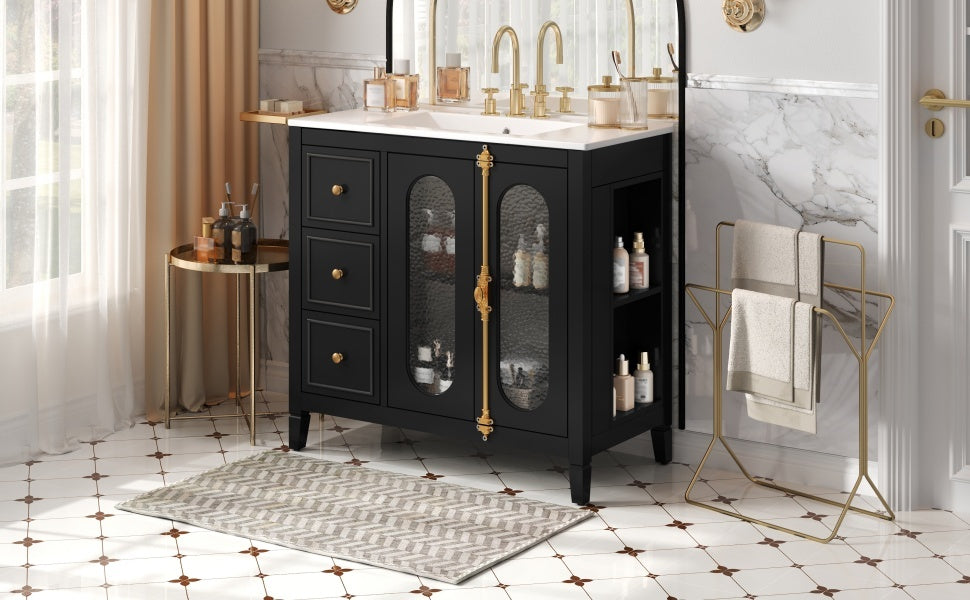 36-inch Bathroom Vanity with 2 Soft Close Doors, Solid Wood Frame Modern Bathroom Storage Cabinet with 3 Drawers