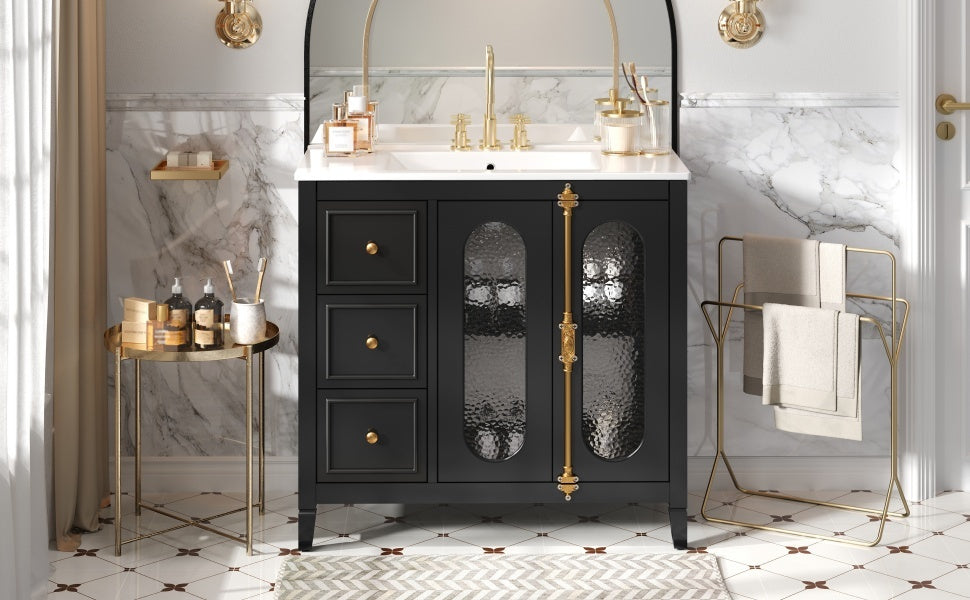 36-inch Bathroom Vanity with 2 Soft Close Doors, Solid Wood Frame Modern Bathroom Storage Cabinet with 3 Drawers