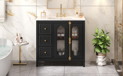 36-inch Bathroom Vanity with 2 Soft Close Doors, Solid Wood Frame Modern Bathroom Storage Cabinet with 3 Drawers