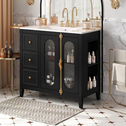 36-inch Bathroom Vanity with 2 Soft Close Doors, Solid Wood Frame Modern Bathroom Storage Cabinet with 3 Drawers