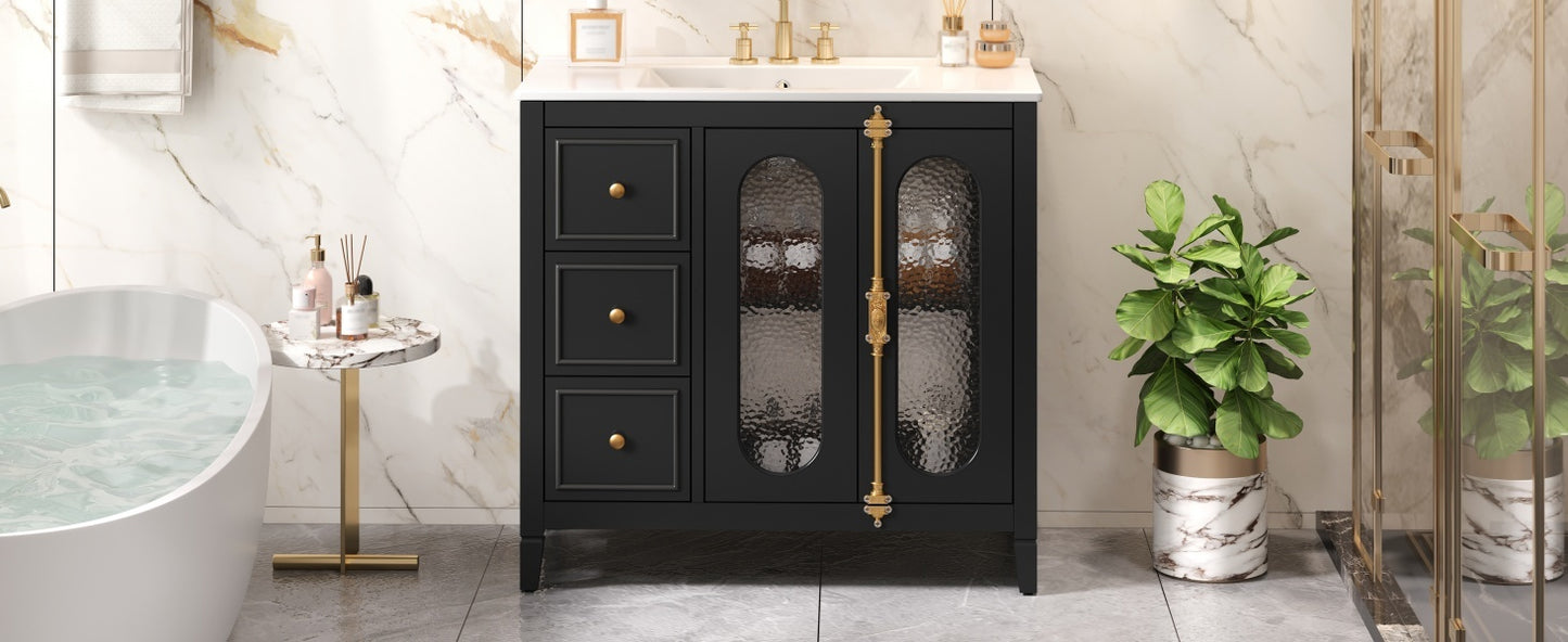 36-inch Bathroom Vanity with 2 Soft Close Doors, Solid Wood Frame Modern Bathroom Storage Cabinet with 3 Drawers