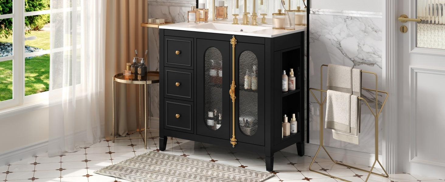 36-inch Bathroom Vanity with 2 Soft Close Doors, Solid Wood Frame Modern Bathroom Storage Cabinet with 3 Drawers