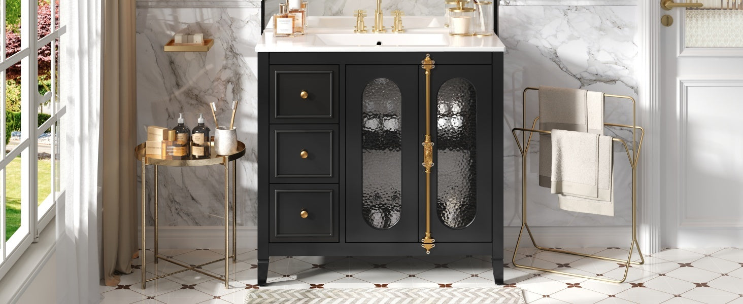 36-inch Bathroom Vanity with 2 Soft Close Doors, Solid Wood Frame Modern Bathroom Storage Cabinet with 3 Drawers