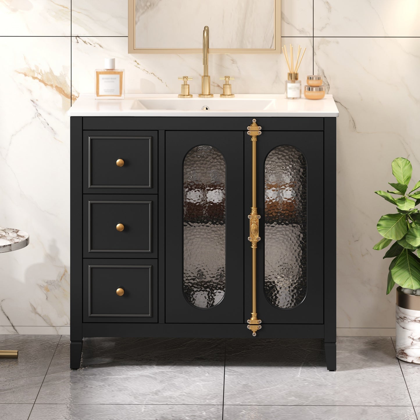 36-inch Bathroom Vanity with 2 Soft Close Doors, Solid Wood Frame Modern Bathroom Storage Cabinet with 3 Drawers