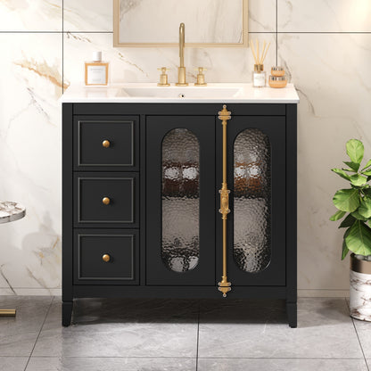 36-inch Bathroom Vanity with 2 Soft Close Doors, Solid Wood Frame Modern Bathroom Storage Cabinet with 3 Drawers
