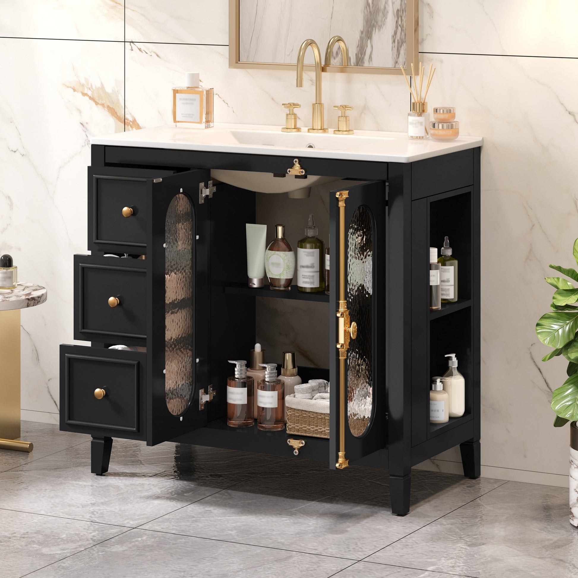 36-inch Bathroom Vanity with 2 Soft Close Doors, Solid Wood Frame Modern Bathroom Storage Cabinet with 3 Drawers