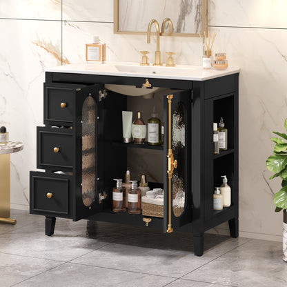 36-inch Bathroom Vanity with 2 Soft Close Doors, Solid Wood Frame Modern Bathroom Storage Cabinet with 3 Drawers