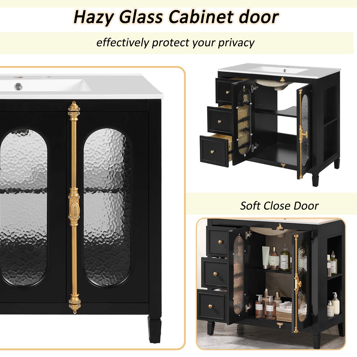 36-inch Bathroom Vanity with 2 Soft Close Doors, Solid Wood Frame Modern Bathroom Storage Cabinet with 3 Drawers