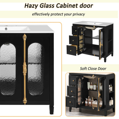 36-inch Bathroom Vanity with 2 Soft Close Doors, Solid Wood Frame Modern Bathroom Storage Cabinet with 3 Drawers