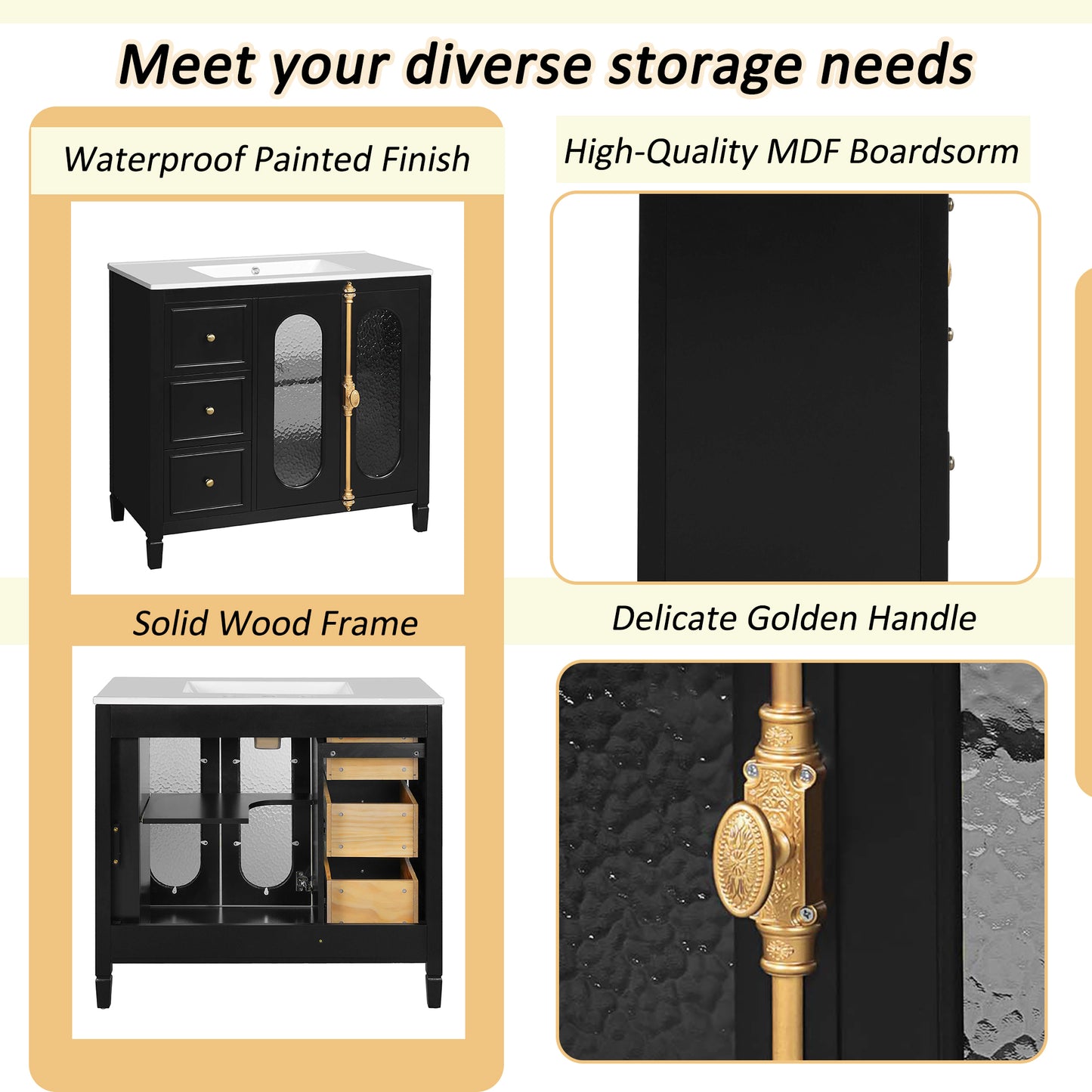 36-inch Bathroom Vanity with 2 Soft Close Doors, Solid Wood Frame Modern Bathroom Storage Cabinet with 3 Drawers