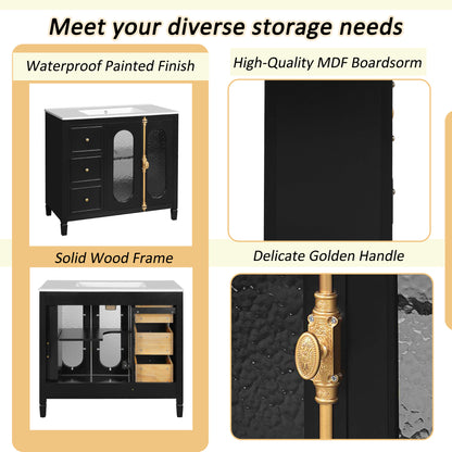 36-inch Bathroom Vanity with 2 Soft Close Doors, Solid Wood Frame Modern Bathroom Storage Cabinet with 3 Drawers