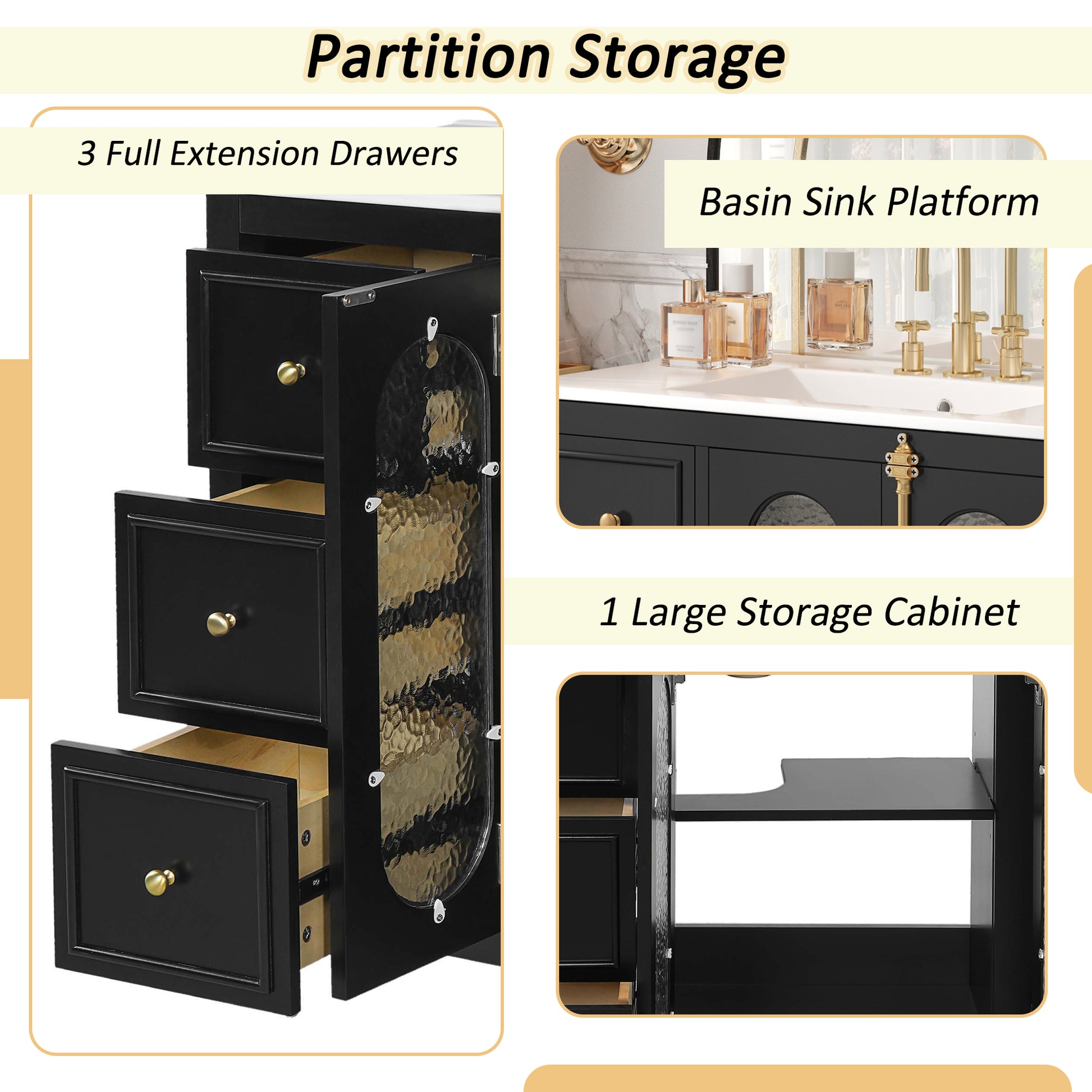 36-inch Bathroom Vanity with 2 Soft Close Doors, Solid Wood Frame Modern Bathroom Storage Cabinet with 3 Drawers