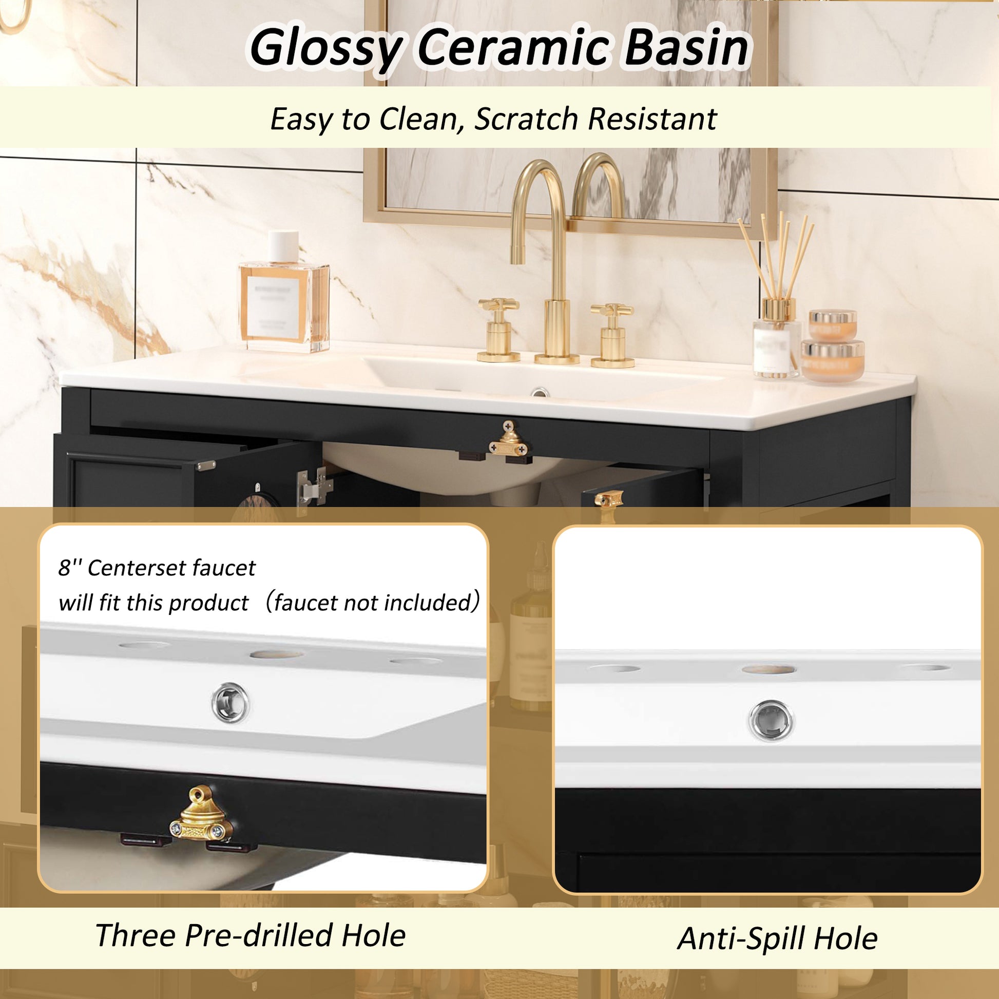 36-inch Bathroom Vanity with 2 Soft Close Doors, Solid Wood Frame Modern Bathroom Storage Cabinet with 3 Drawers