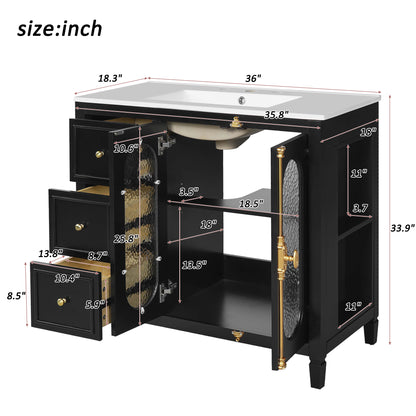36-inch Bathroom Vanity with 2 Soft Close Doors, Solid Wood Frame Modern Bathroom Storage Cabinet with 3 Drawers