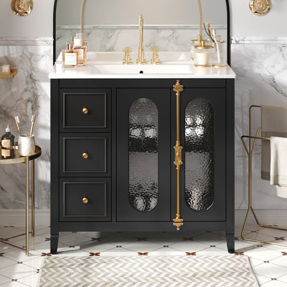 36-inch Bathroom Vanity with 2 Soft Close Doors, Solid Wood Frame Modern Bathroom Storage Cabinet with 3 Drawers