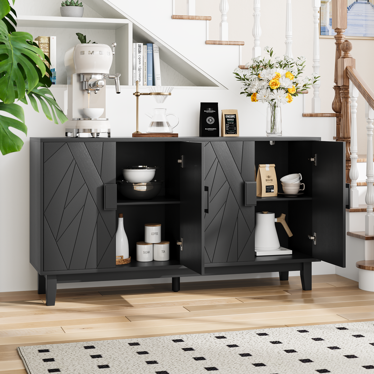 Modern Style Buffet Cabinet, Storage Side Cabinet Buffet Cabinet, Medieval Modern Multifunctional Decorative Cabinet Suitable For Living Room, Dining Room, Entrance, Corridor, Kitchen, Black