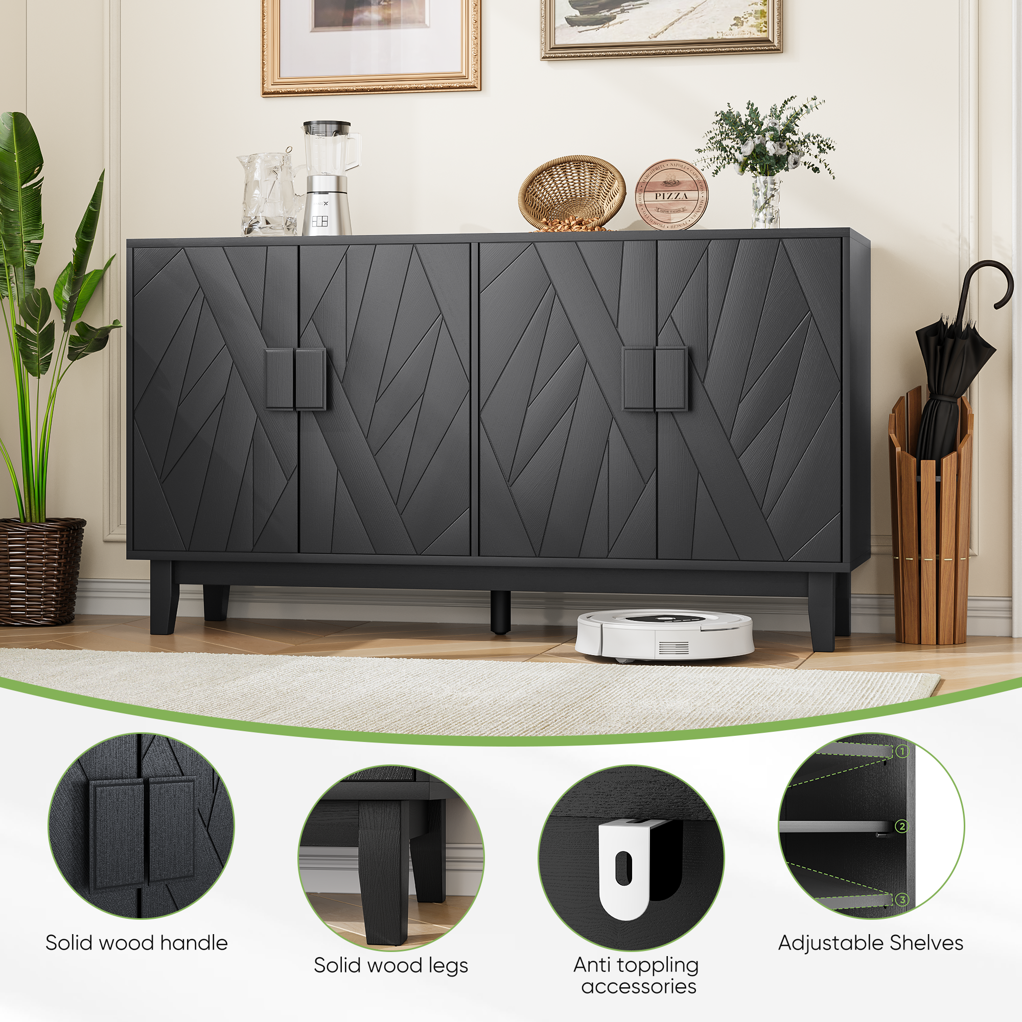 Modern Style Buffet Cabinet, Storage Side Cabinet Buffet Cabinet, Medieval Modern Multifunctional Decorative Cabinet Suitable For Living Room, Dining Room, Entrance, Corridor, Kitchen, Black