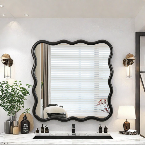Black Solid Wood Modern Square Mirror 36x36 Inches.