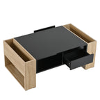 ON-TREND High Glossy Coffee Table with 2 Drawers, Practical Two Tone Center Table with Hidden Compartments, Rectangle Cocktail Table with Open Storage Shelf for Living Room, Bedroom, Black, 41.3*23.6