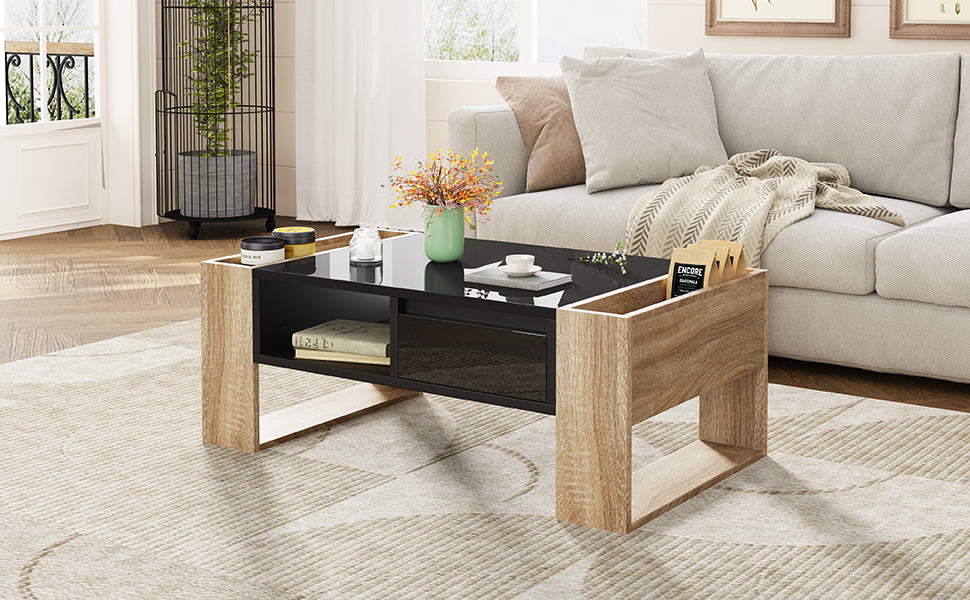 ON-TREND High Glossy Coffee Table with 2 Drawers, Practical Two Tone Center Table with Hidden Compartments, Rectangle Cocktail Table with Open Storage Shelf for Living Room, Bedroom, Black, 41.3*23.6