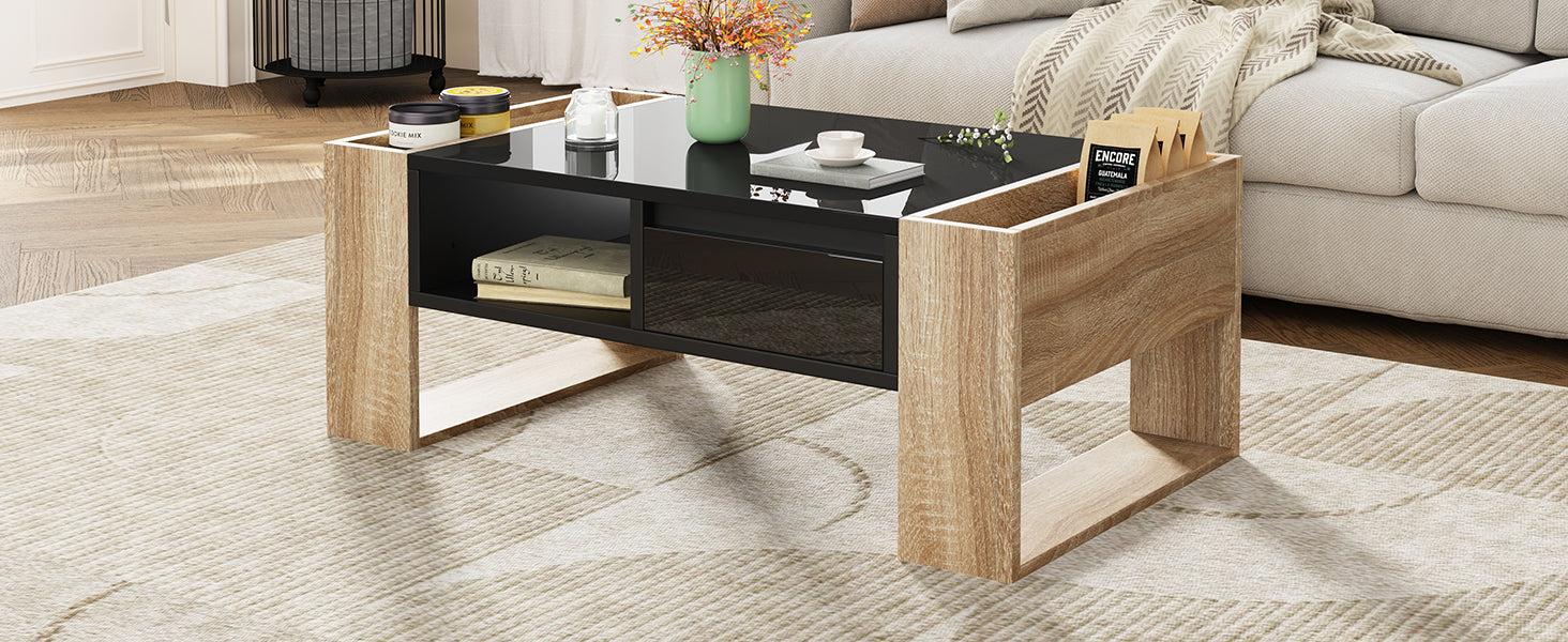 ON-TREND High Glossy Coffee Table with 2 Drawers, Practical Two Tone Center Table with Hidden Compartments, Rectangle Cocktail Table with Open Storage Shelf for Living Room, Bedroom, Black, 41.3*23.6
