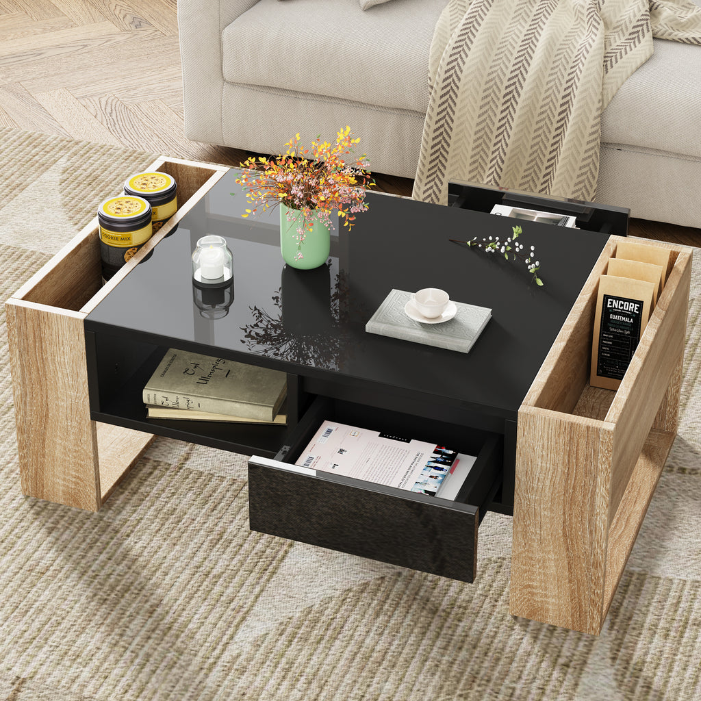 ON-TREND High Glossy Coffee Table with 2 Drawers, Practical Two Tone Center Table with Hidden Compartments, Rectangle Cocktail Table with Open Storage Shelf for Living Room, Bedroom, Black, 41.3*23.6