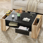 ON-TREND High Glossy Coffee Table with 2 Drawers, Practical Two Tone Center Table with Hidden Compartments, Rectangle Cocktail Table with Open Storage Shelf for Living Room, Bedroom, Black, 41.3*23.6