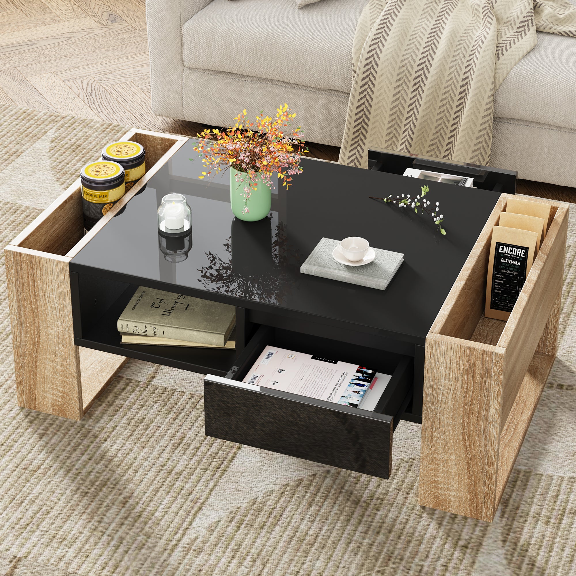ON-TREND High Glossy Coffee Table with 2 Drawers, Practical Two Tone Center Table with Hidden Compartments, Rectangle Cocktail Table with Open Storage Shelf for Living Room, Bedroom, Black, 41.3*23.6