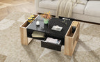 ON-TREND High Glossy Coffee Table with 2 Drawers, Practical Two Tone Center Table with Hidden Compartments, Rectangle Cocktail Table with Open Storage Shelf for Living Room, Bedroom, Black, 41.3*23.6