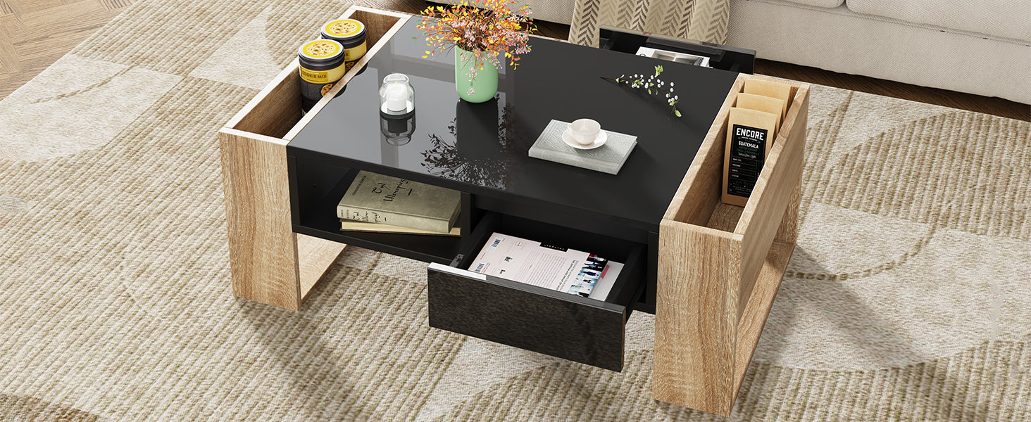 ON-TREND High Glossy Coffee Table with 2 Drawers, Practical Two Tone Center Table with Hidden Compartments, Rectangle Cocktail Table with Open Storage Shelf for Living Room, Bedroom, Black, 41.3*23.6