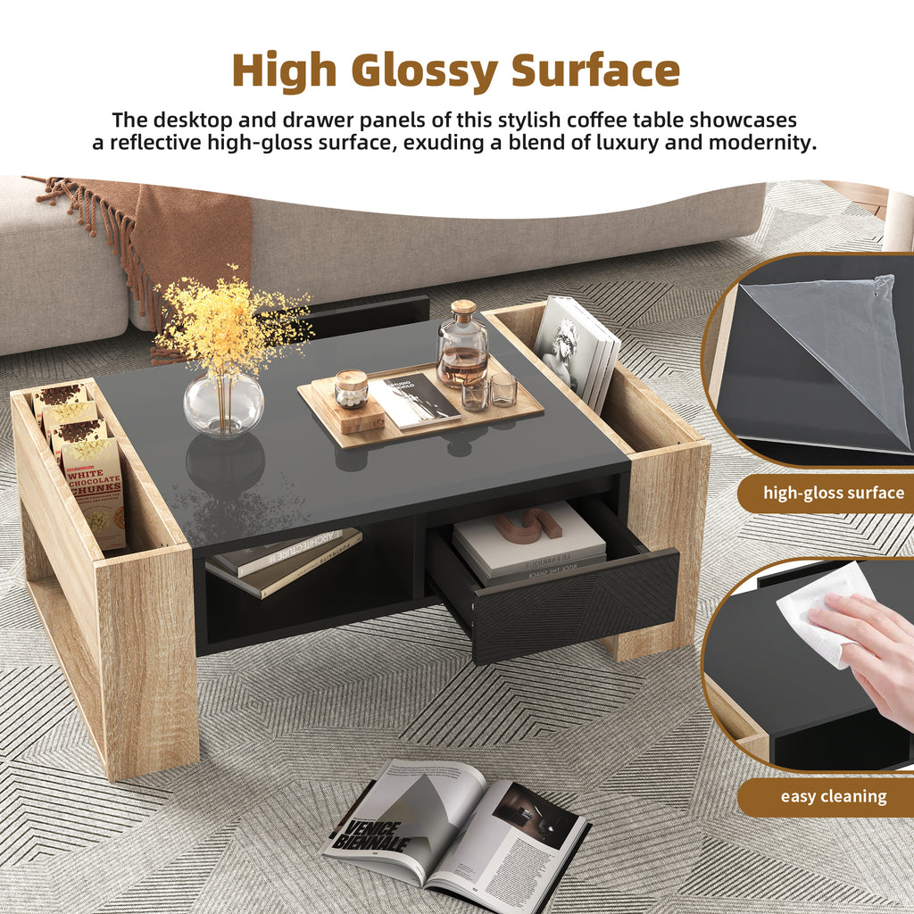 ON-TREND High Glossy Coffee Table with 2 Drawers, Practical Two Tone Center Table with Hidden Compartments, Rectangle Cocktail Table with Open Storage Shelf for Living Room, Bedroom, Black, 41.3*23.6