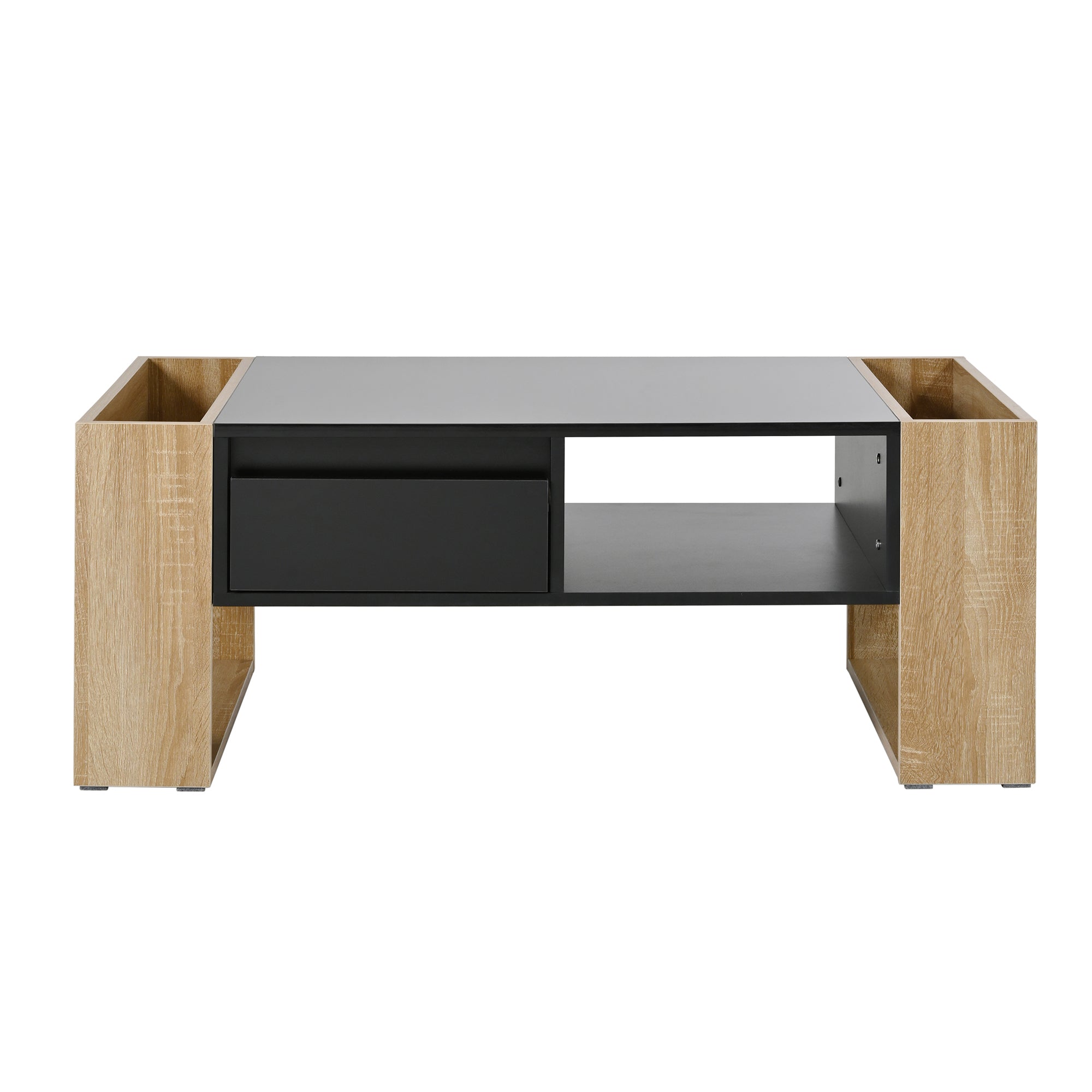 ON-TREND High Glossy Coffee Table with 2 Drawers, Practical Two Tone Center Table with Hidden Compartments, Rectangle Cocktail Table with Open Storage Shelf for Living Room, Bedroom, Black, 41.3*23.6