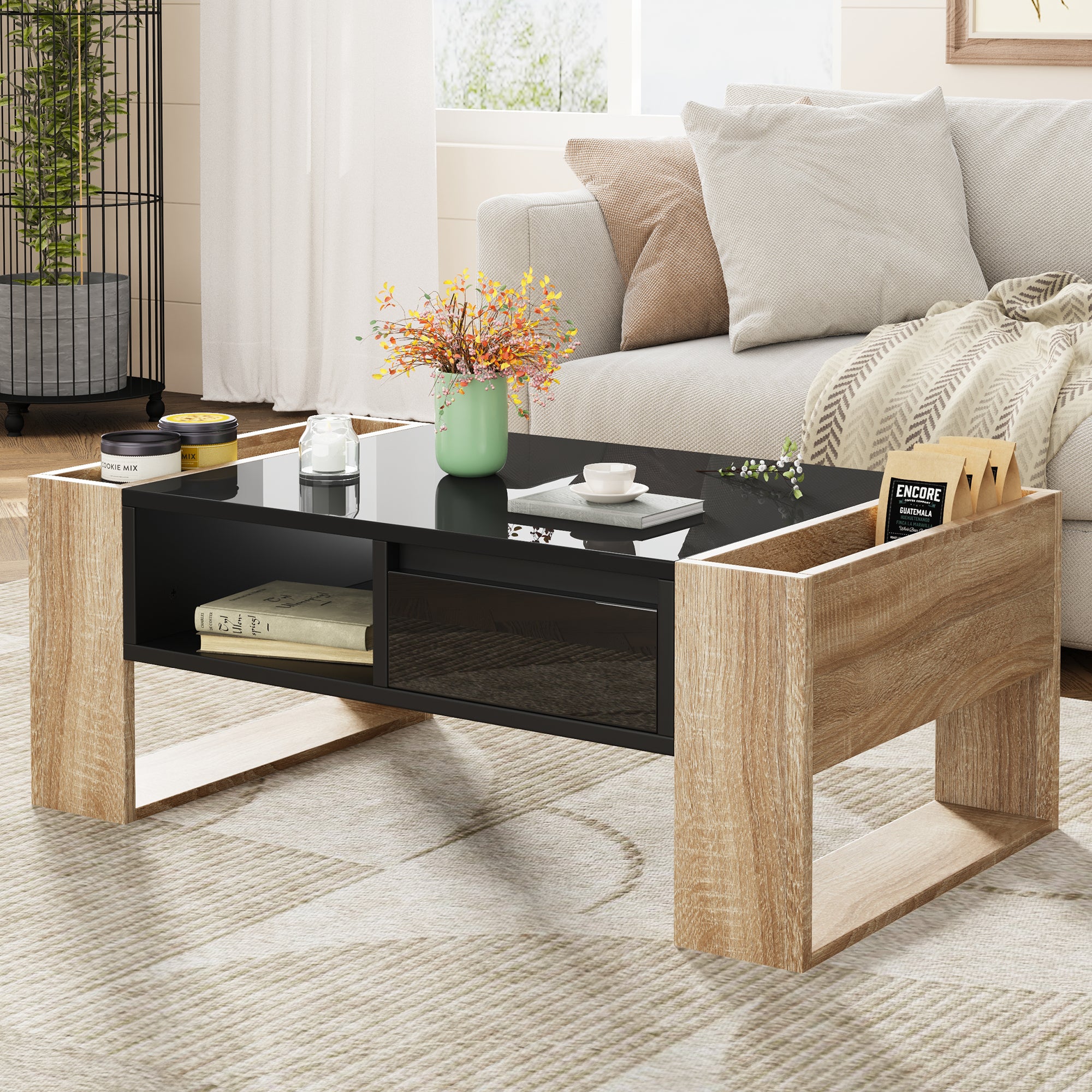 ON-TREND High Glossy Coffee Table with 2 Drawers, Practical Two Tone Center Table with Hidden Compartments, Rectangle Cocktail Table with Open Storage Shelf for Living Room, Bedroom, Black, 41.3*23.6