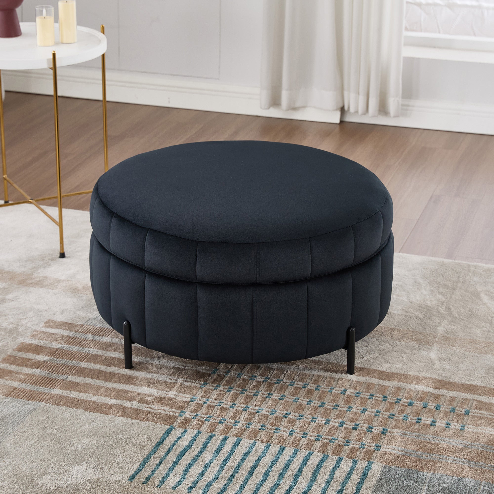 31.5' W Upholstered Round Ottoman With Reversible Lid, Velvet Storage Stool, Channel Tufted Pumpkin-shape Footstool for Living room, Bedroom and Office, Black