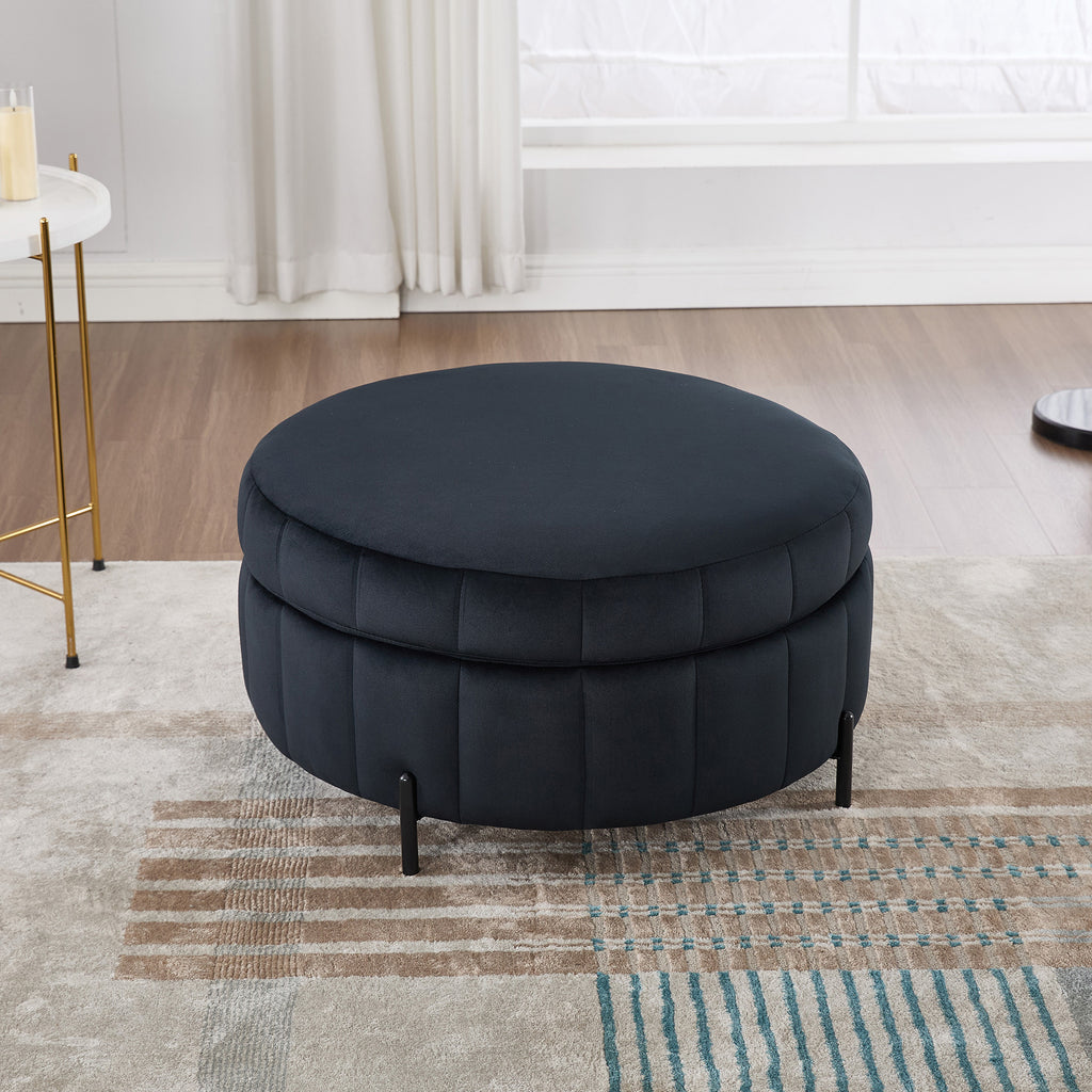 31.5' W Upholstered Round Ottoman With Reversible Lid, Velvet Storage Stool, Channel Tufted Pumpkin-shape Footstool for Living room, Bedroom and Office, Black