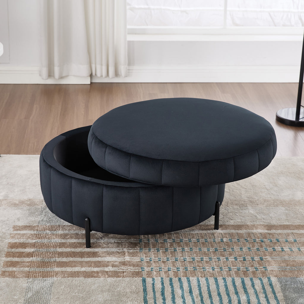 31.5' W Upholstered Round Ottoman With Reversible Lid, Velvet Storage Stool, Channel Tufted Pumpkin-shape Footstool for Living room, Bedroom and Office, Black