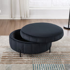 31.5' W Upholstered Round Ottoman With Reversible Lid, Velvet Storage Stool, Channel Tufted Pumpkin-shape Footstool for Living room, Bedroom and Office, Black