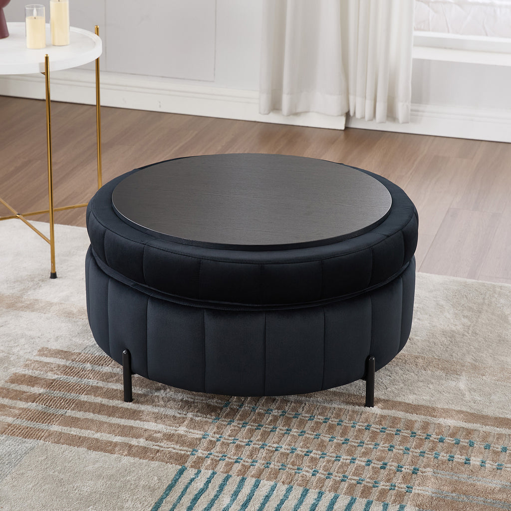 31.5' W Upholstered Round Ottoman With Reversible Lid, Velvet Storage Stool, Channel Tufted Pumpkin-shape Footstool for Living room, Bedroom and Office, Black