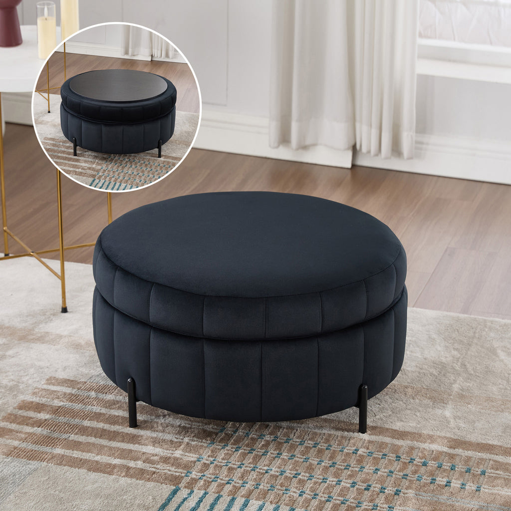 31.5' W Upholstered Round Ottoman With Reversible Lid, Velvet Storage Stool, Channel Tufted Pumpkin-shape Footstool for Living room, Bedroom and Office, Black