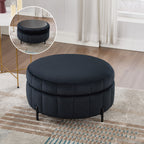 31.5' W Upholstered Round Ottoman With Reversible Lid, Velvet Storage Stool, Channel Tufted Pumpkin-shape Footstool for Living room, Bedroom and Office, Black