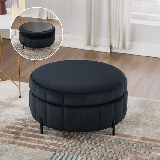 31.5' W Upholstered Round Ottoman With Reversible Lid, Velvet Storage Stool, Channel Tufted Pumpkin-shape Footstool for Living room, Bedroom and Office, Black