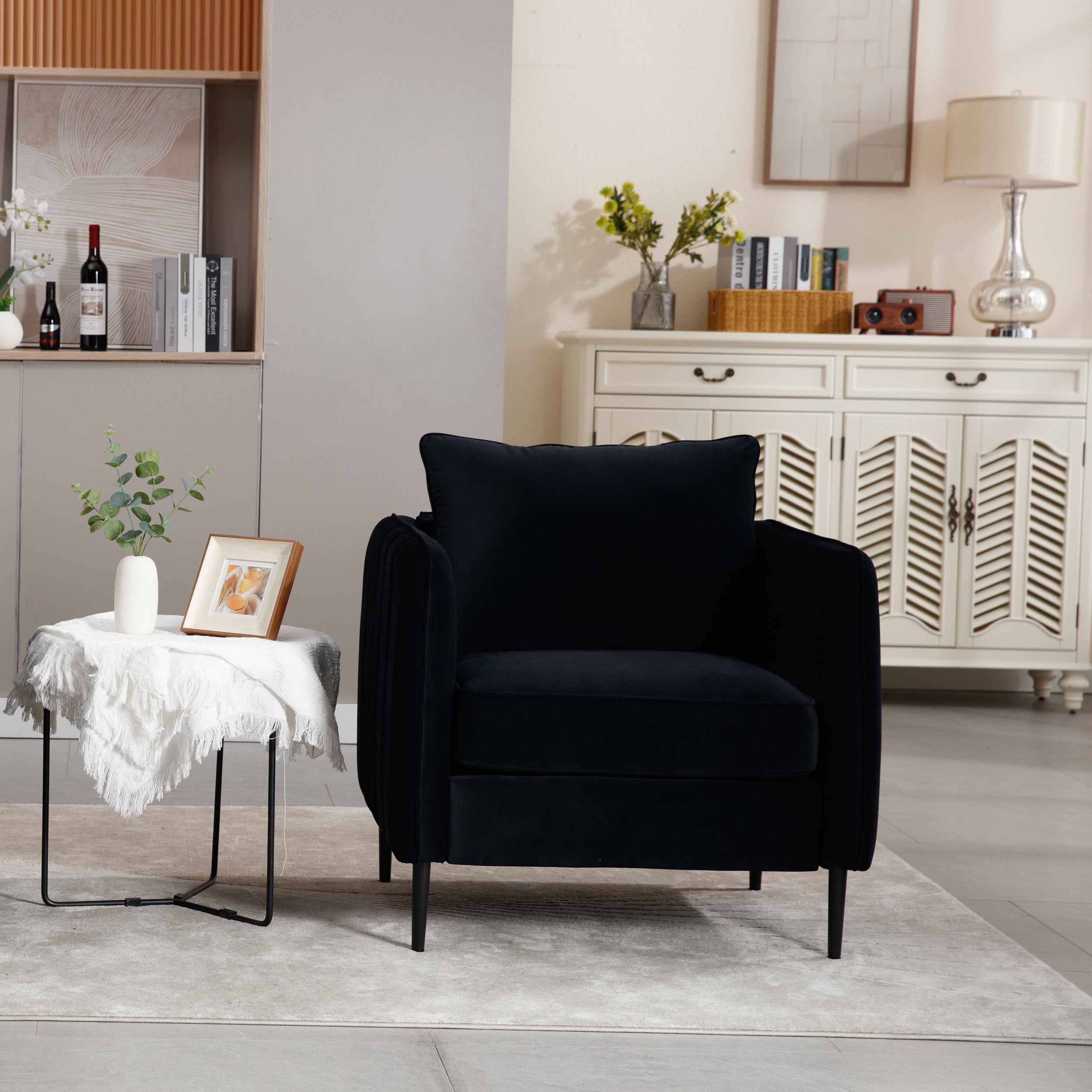 Accent Chair for Living Room, Velvet Comfy Single Sofa Chair Mid-Century Modern Armchair with 1 Pillow and Metal Legs for Bedroom Office Reading