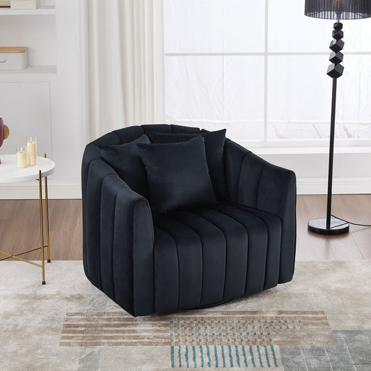 40.35'W Upholstered Oversized 360° Swivel Accent Barrel Chair and Half Cozy Sofa with 3 Pillows, Velvet Channel Tufted Pumpkin-Shape Club Armchair for Living Room, Bedroom, Office, Lounge,BLACK