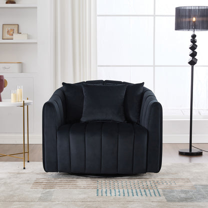 40.35'W Upholstered Oversized 360° Swivel Accent Barrel Chair and Half Cozy Sofa with 3 Pillows, Velvet Channel Tufted Pumpkin-Shape Club Armchair for Living Room, Bedroom, Office, Lounge,BLACK