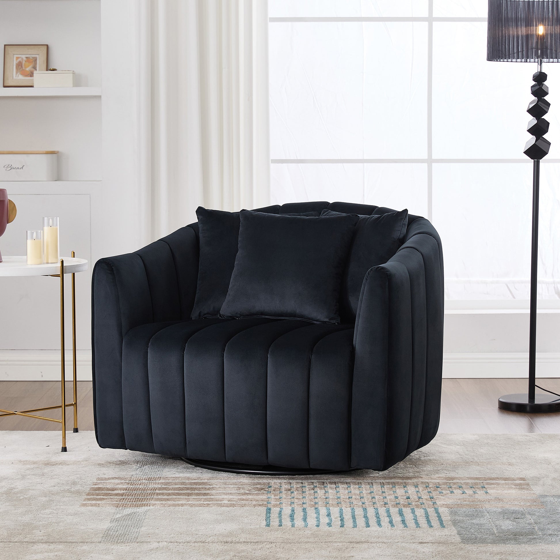 40.35'W Upholstered Oversized 360° Swivel Accent Barrel Chair and Half Cozy Sofa with 3 Pillows, Velvet Channel Tufted Pumpkin-Shape Club Armchair for Living Room, Bedroom, Office, Lounge,BLACK